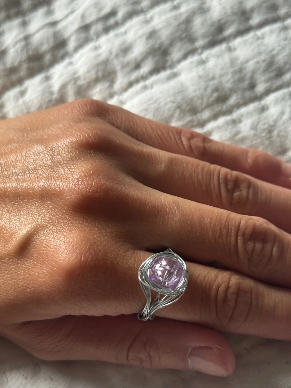 Handmade Silver Wire Wrapped Ring w/ Lilac Purple Glass Bead – Fits Size 6